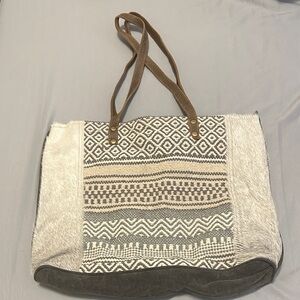 Leather/Cotton MYRA Tote Bag - Brown and Cream